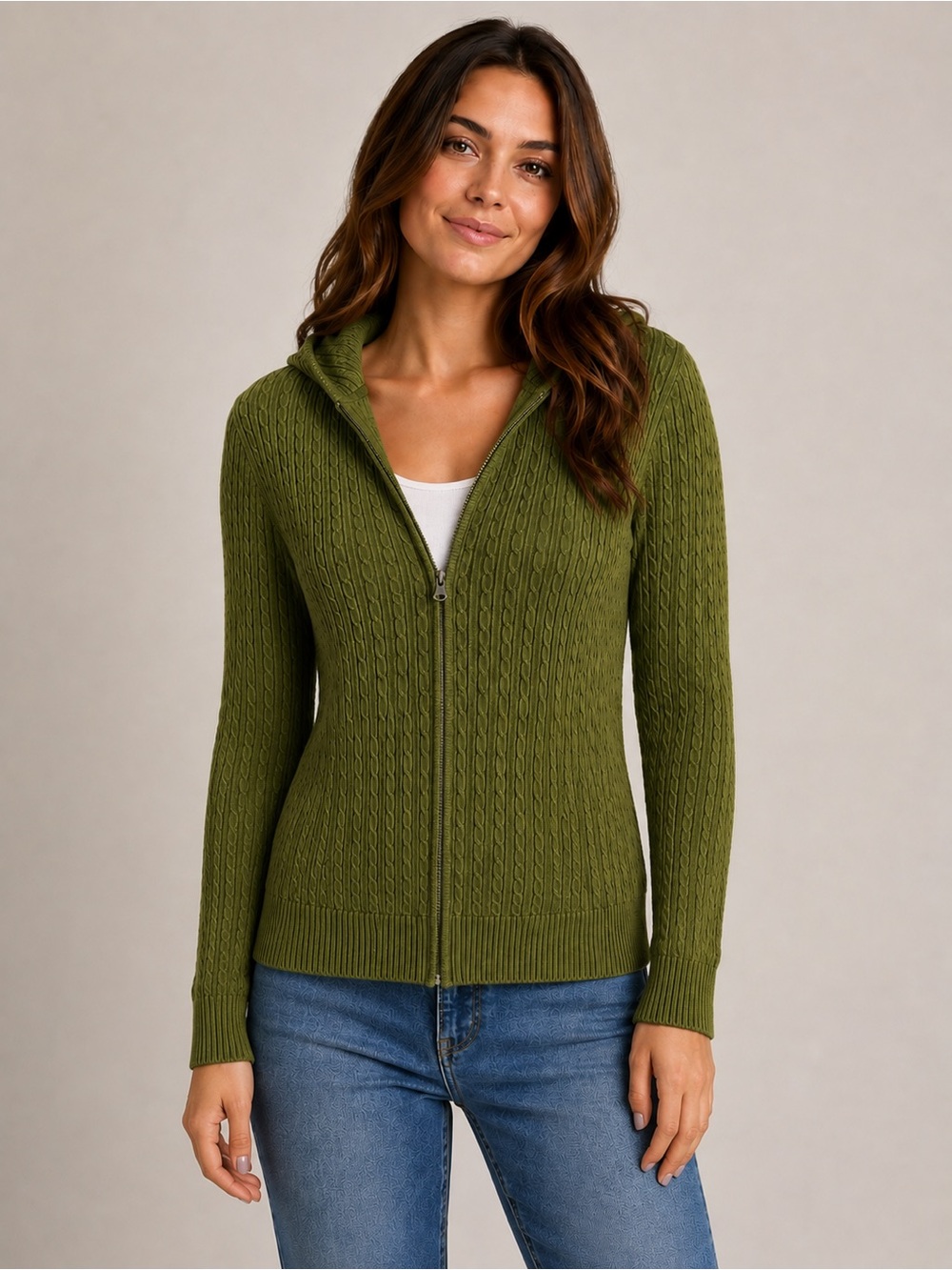 525 America Women's XL Full Zip Hooded Cable Knit Sweater Cardigan Bright Olive